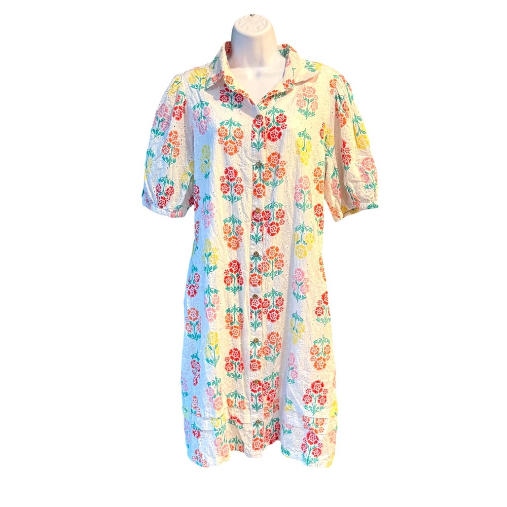 Draper James RSVP Floral Embroidered‎ Dress Puff Sleeve Button Front Size Large
